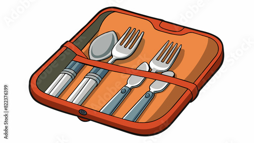 A pack is a set of 12 stainless steel camping utensils including forks knives and ss all neatly stored in a compact pouch. Each piece is lightweight. Cartoon Vector