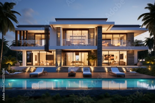 Illuminated contemporary villa with a pool at dusk, showcasing elegant architecture © juliars