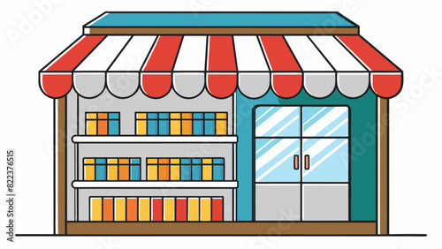 A physical storefront with shelves lined with various products each bearing a unique stock keeping unit SKU barcode. The stores inventory is organized. Cartoon Vector photo