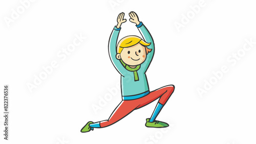 A person stretching their arms upwards towards the ceiling their legs planted firmly on the ground. They are wearing loose breathable clothing and. Cartoon Vector