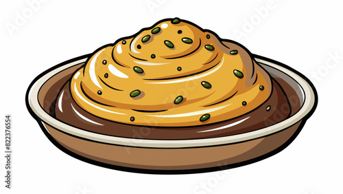 A plate of buttery mashed potatoes topped with rich brown gravy. The potatoes are smooth and creamy with flecks of black pepper throughout. The gravy. Cartoon Vector