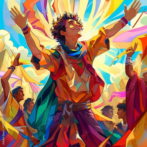 Explore a humorous illustration capturing Joseph's escapades in his coat of many colors, showcasing the diverse reactions of people around him in a comical and engaging manner