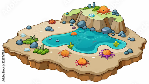 A rocky coast with tide pools the rocks are covered in barnacles and colorful seaweed and small crabs stle a the pools.. Cartoon Vector