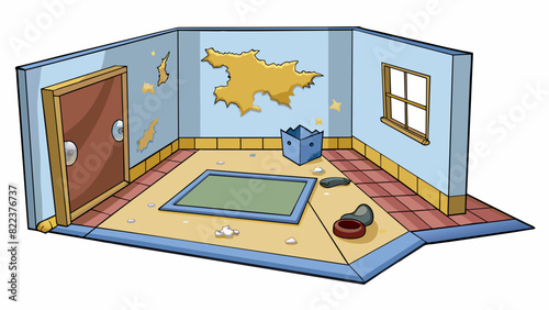 A room with peeling wallpaper stained carpet and a musty smell.. Cartoon Vector