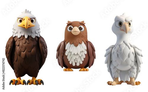 3D Rendered Chibi Cartoon of Adorable Animals: Eagle, Bird, Hawk, Isolated on Transparent Background, PNG