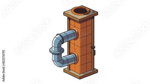 A rusty cylindrical metal pipe attached to the side of a building used for ventilation. It has a slanted opening at the top to allow smoke or air to. Cartoon Vector