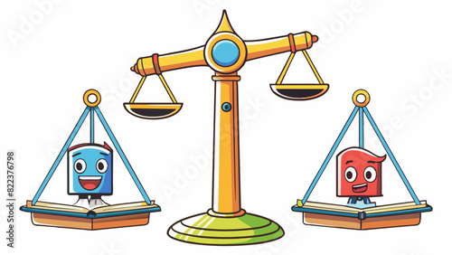 A scale with two sidebyside platforms each one holding a different object. One side has a stack of books representing logic and reason while the other. Cartoon Vector
