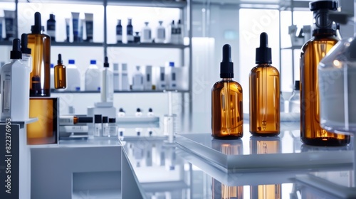 Wallpaper Mural Futuristic Skincare Lab with Sleek Green Bottles and Scientific Instruments - Innovation in Skincare Technology for Design, Print, Card, Poster Torontodigital.ca