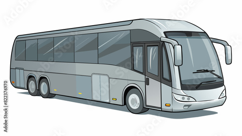 A sleek and modern bus with a curved design and metallic silver exterior equipped with amenities such as reclining seats charging ports and a small. Cartoon Vector
