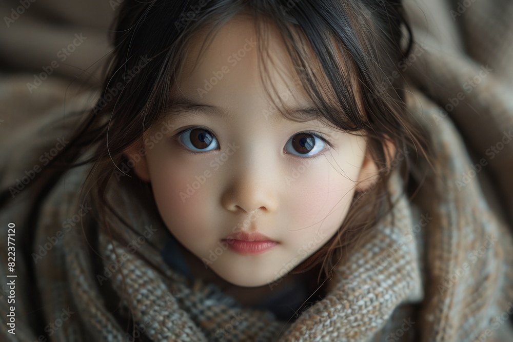 portrait photography, soft light highlights the delicate features and smooth skin of the little asian girl in this honest portrait, creating a gentle illumination