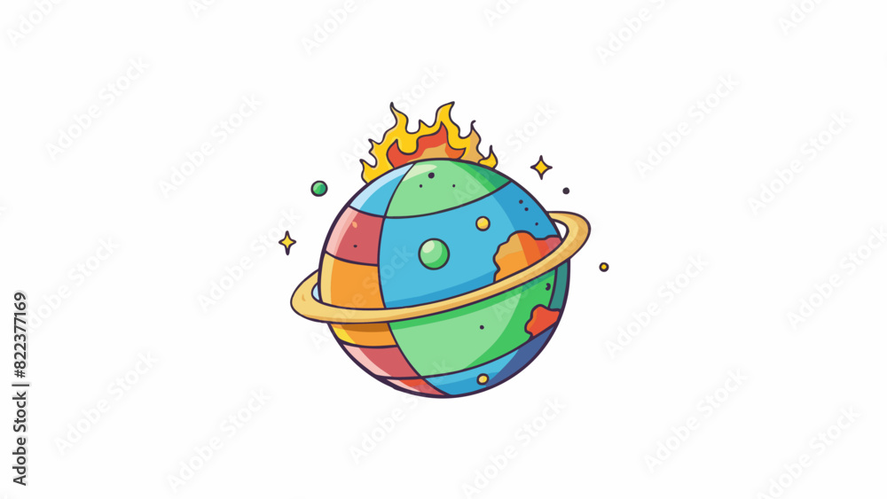 A small round object made up of different colored layers resembling a tiny planet. As a flame approaches the layers begin to separate and react. Cartoon Vector