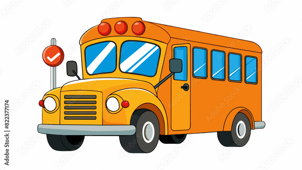 A small school bus in a bold shade of orange equipped with a crossing arm flashing lights and a stop sign to ensure the safety of students getting on. Cartoon Vector