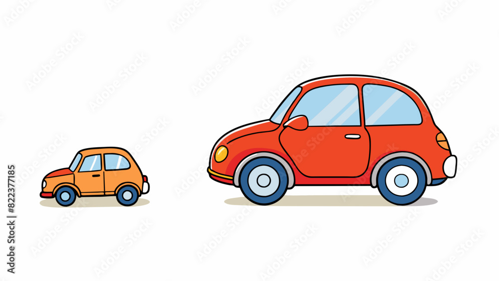 A small toy car parked next to a real car showcasing the significant difference in size between the two vehicles.. Cartoon Vector