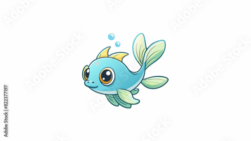A small translucent fish with delicate fluttery fins and a tiny bulbous body floating near the surface of a tranquil lake occasionally splashing. Cartoon Vector