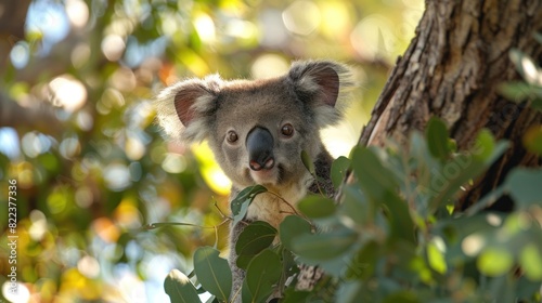 A curious koala peeking out from behind a eucalyptus tree, its big ears perked up, as it observes the human world with fascination.