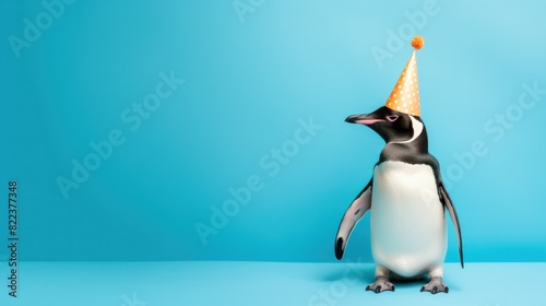 Funny penguin with birthday party hat on blue background.