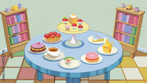As soon as you entered the room the sweet smell of freshly baked goods filled the air. In the center there was a round wooden table with a lace. Cartoon Vector