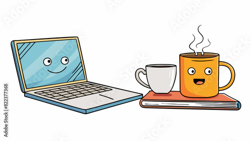A steaming cup of tea sat next to the authors laptop indicating their need for caffeine and a calming ritual while writing.. Cartoon Vector