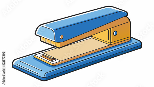 A staplers primary function is to secure papers together. It has a rectangular base with a hinged metal arm that is pressed down to staple papers.. Cartoon Vector