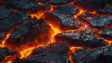 Close up of molten lava cracks glowing intensely 