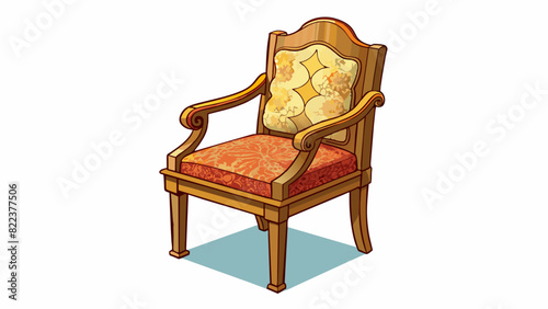 A sy wooden chair with a curved backrest and worn armrests its seat adorned with a patterned cushion and its legs carved with intricate designs.. Cartoon Vector