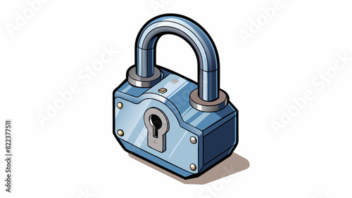 A sy padlock made of heavyduty steel with a thick curved shackle that can be snapped shut and secured by a key. The body of the lock is engraved with. Cartoon Vector