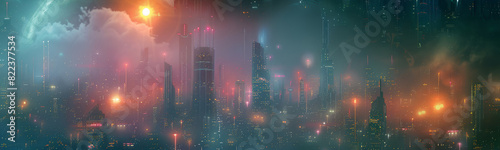 A high-tech city  showing urban architecture with neon lighting effects and a cosmic backdrop. Modern  futuristic look. Generative AI.