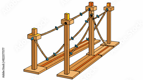 A tall narrow structure made of wood with ropes and obstacles attached at varying angles. It requires balance agility and strength to make it to the. Cartoon Vector