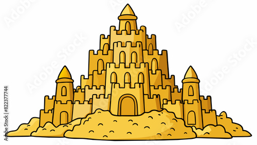 A towering sandcastle on the beach made of countless grains of sand that vary in amount and size.. Cartoon Vector