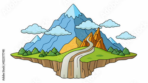 A towering mountain stands tall with its rocky peaks reaching towards the clouds. A winding trail leads up to a secluded waterfall its clear water. Cartoon Vector