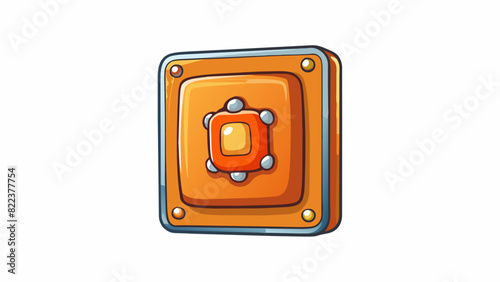 A tiny square button with a bumpy texture and a vibrant orange color. It is embedded in a metal panel and must be pushed firmly to activate.. Cartoon Vector