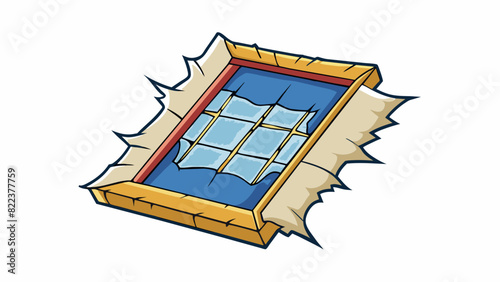 A torn piece of fabric with frayed edges found near a broken window suggesting that someone may have entered or exited the building forcefully.. Cartoon Vector