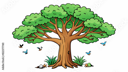 A towering tree with its branches extending in all directions welcoming birds providing shade and nourishing the surrounding soil. Its trunk is. Cartoon Vector