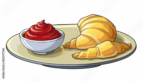 A traditional French breakfast of flaky croissants creamy butter and sweet strawberry jam. The croissants are buttery and crisp on the outside with. Cartoon Vector