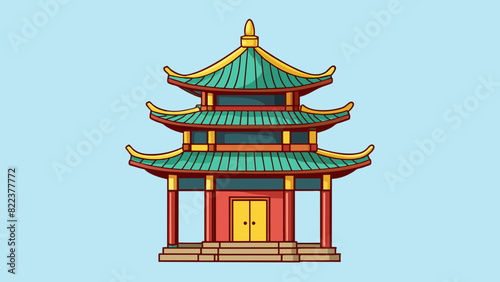 A traditional pagoda stands tall against the eastern sky its curved roof and intricate details catching the morning light in a majestic display.. Cartoon Vector