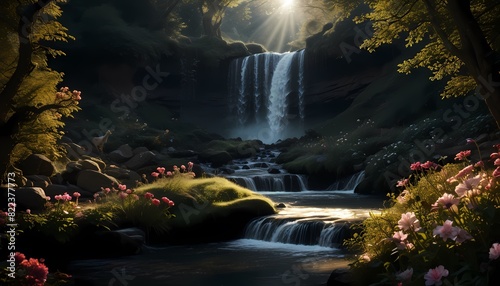 Garden of Eden, sun, moon, waterfall. Generative AI, Generative, AI