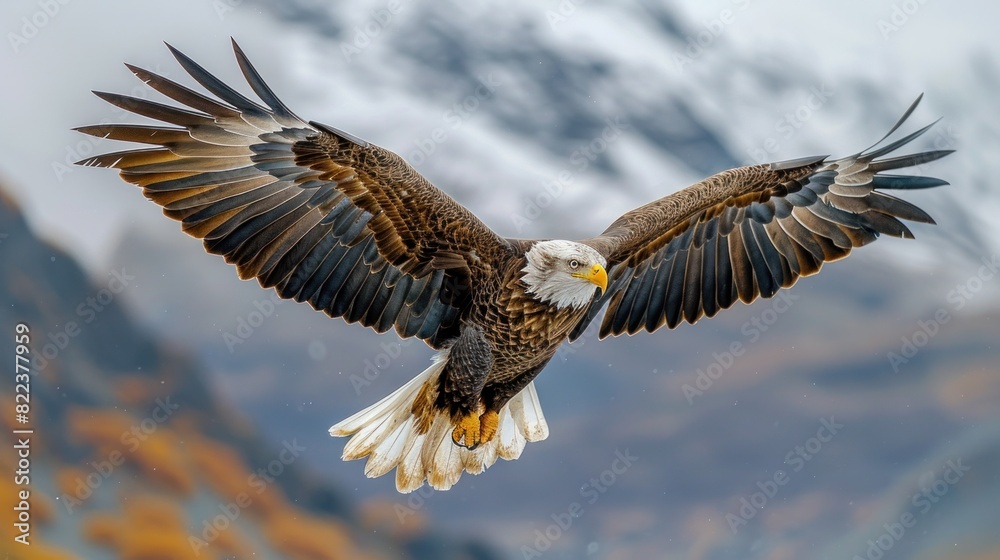 Obraz premium A majestic eagle soaring through the sky, its wings outstretched, as it surveys the vast landscape below with a keen eye.