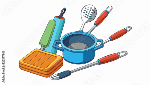 A versatile kitchen tool set with nonstick coating and heatresistant handles making cooking and cleaning up a breeze while also ensuring safety.. Cartoon Vector photo