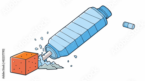 A water bottle being crushed by a block causing the plastic to distort and create dents as the pressure from the block increases.. Cartoon Vector