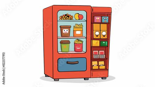 A vending machine with a wide selection of snacks including chips candy and granola bars. Each item has a picture price and nutritional information. Cartoon Vector