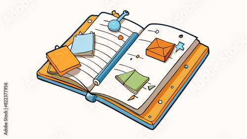 A wellworn notebook lies open on a cluttered desk filled with scribbled notes and sketches.. Cartoon Vector