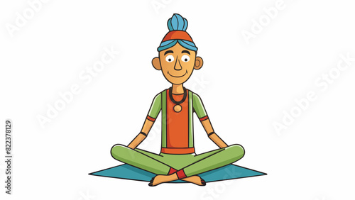 A yogi sits in a crosslegged position their spine elongated and their body relaxed. They find inner balance by focusing on their breath and finding. Cartoon Vector