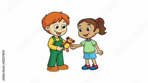 A young child handing a toy to their friend and smiling illustrating the concept of sharing and generosity.. Cartoon Vector