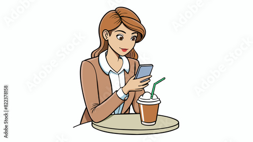 A young woman sits at a caf  sipping on a latte while scrolling through her phone. She has a determined look on her face her brows furrowed in. Cartoon Vector