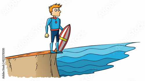 Example 5 A man stands at the edge of a cliff the wind blowing through his hair as he looks out at the vast ocean below. He wears a wetsuit and holds. Cartoon Vector