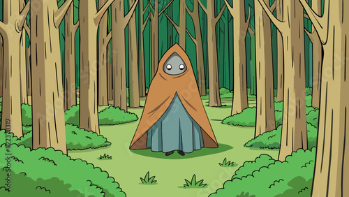 Figure walking through a forest A figure moves through a dense forest bathed in dappled sunlight. They are enveloped in a cloak with only their hands. Cartoon Vector