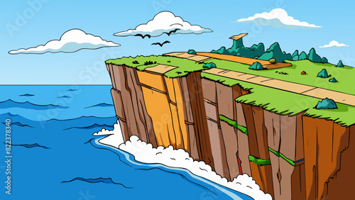 From the top of a towering cliff the view below is both serene and exhilarating. The deep blue ocean stretches out as far as the eye can see its waves. Cartoon Vector
