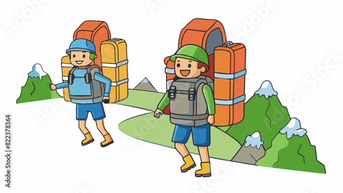 Hikers trekking up a mountain trail each with a large backpack sped onto their backs. The backpacks are made of waterproof material and have multiple. Cartoon Vector
