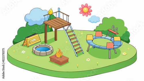 In a backyard filled with blooming flowers a simple wooden swing set stands tall tempting kids to climb up the ladder and zoom down the slide. The. Cartoon Vector
