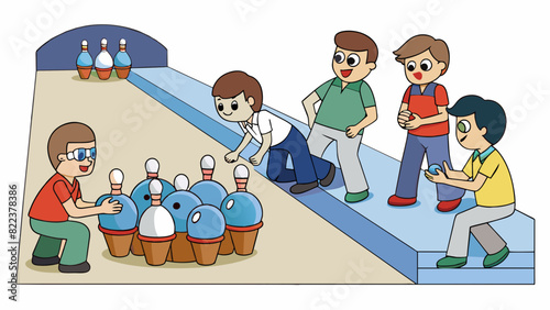 In a dimly lit room eight people are taking turns rolling a small round object down a narrow lane towards an arrangement of ten standing targets. The. Cartoon Vector